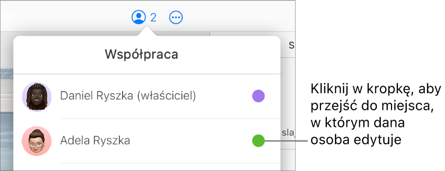 Otwarte menu Współpraca z dwoma użytkownikami i kropką w innym kolorze z prawej strony każdego imienia i nazwiska.