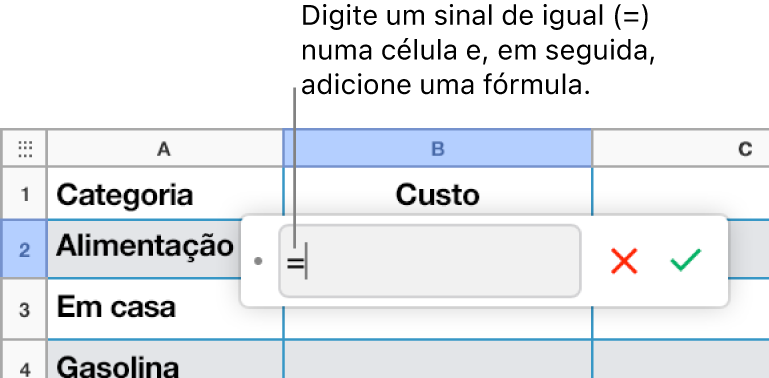 O Editor de fórmulas com = e nenhuma fórmula introduzida.