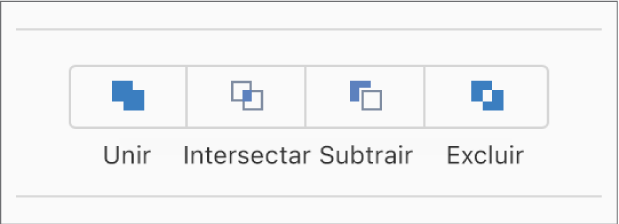 Os botões "Unir”, “Intersectar”, “Subtrair” e “Excluir” na parte inferior do separador “Ordem” na barra lateral “Formatação”.