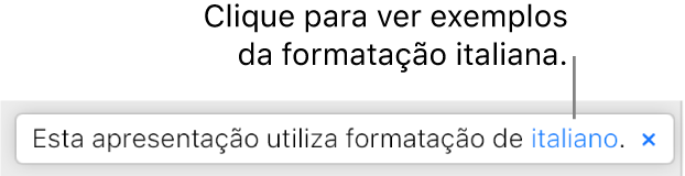 Uma mensagem que indica “Esta apresentação utiliza formatação italiana”.