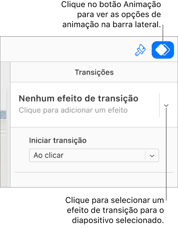 O botão "Animação” está selecionado na barra de ferramentas e a opção “Nenhum efeito de entrada” está visível no menu pop-up “Transições” na barra lateral.