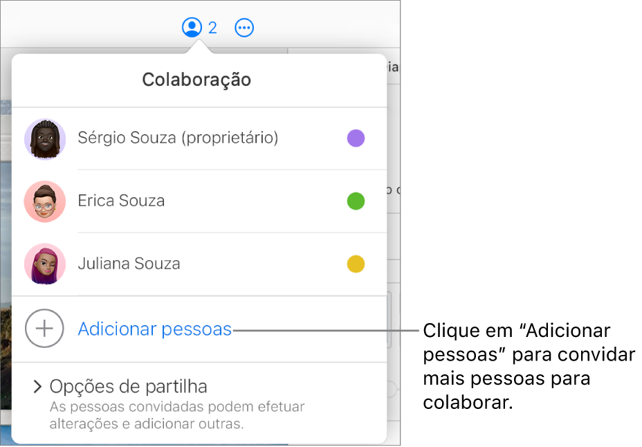 O menu Colaboração abre-se, com a opção “Adicionar pessoas” sob a lista de participantes.
