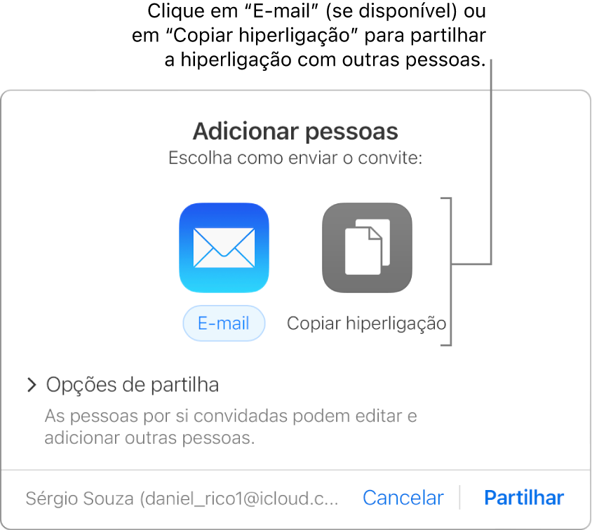 A janela apresentada quando clica no botão "Colaboração” na barra de ferramentas (antes de uma apresentação ser partilhada). Os botões “E-mail” e “Copiar hiperligação” permitem selecionar como partilhar a apresentação.