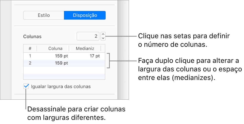 Os controlos da coluna de texto na secção “Disposição” da barra lateral “Formatação”.