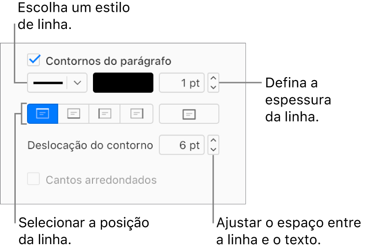 A opção “Bordas do parágrafo” está assinalada no separador "Disposição” na barra lateral “Formatação” e os controlos para alterar o estilo, cor, espessura, posição e deslocação da linha em relação ao texto são apresentados por baixo da opção assinalável.