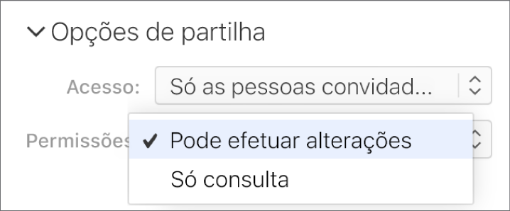 O menu pop-up “Permissão” sob “Opções de partilha” está aberto, com opções que permitem que as pessoas efetuem alterações à apresentação ou apenas a visualizem.