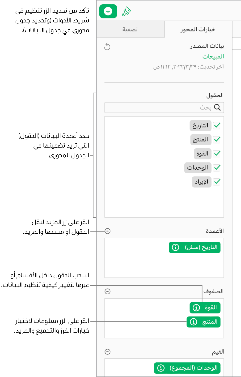 علامة التبويب "خيارات المحور" في الشريط الجانبي "تنظيم"، تعرض الحقول في أقسام الأعمدة والصفوف والقيم، بالإضافة إلى زري المعلومات والمزيد لتعديل الحقول وتحديث الجدول المحوري.