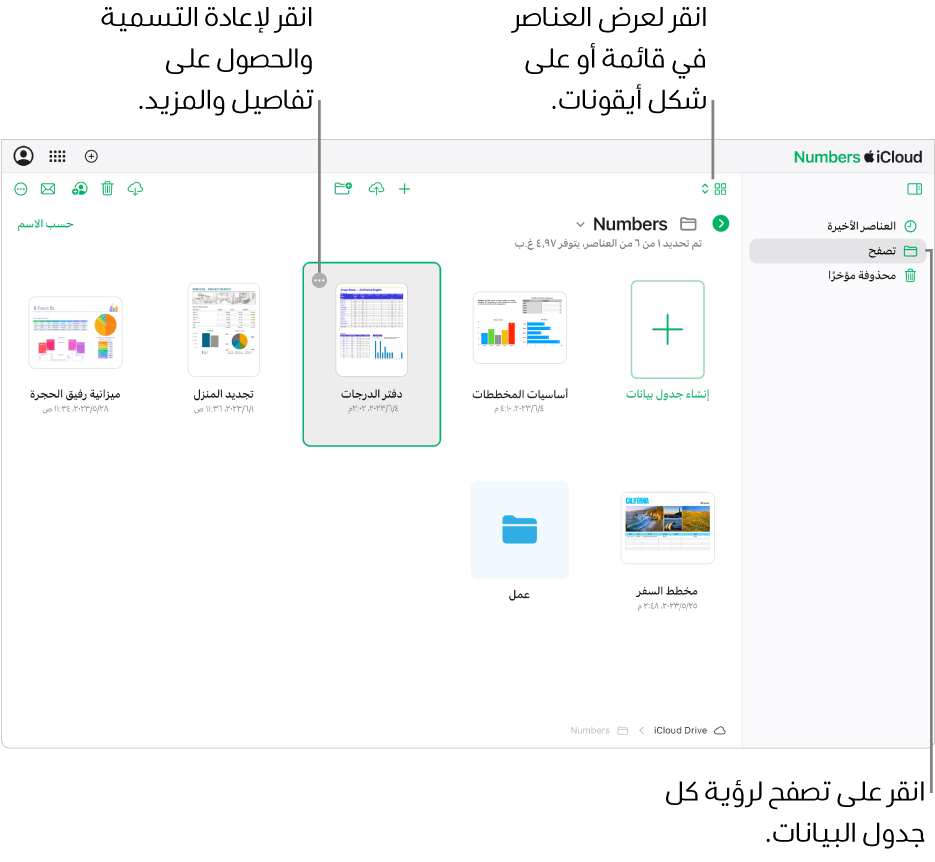 يعرض مدير جداول البيانات في طريقة عرض التصفح مستندات Numbers كأيقونات في شبكة. يظهر زر المزيد (ثلاث نقاط) في الزاوية العلوية اليسرى من جدول البيانات المحدد. تظهر قائمة منبثقة أعلى جداول البيانات على الجانب الأيمن من شريط الأدوات يمكنك أن تختار منها عرض العناصر كأيقونات أو في قائمة. تظهر أزرار في الجانب الأيسر لشريط الأدوات للتنزيل أو التعاون أو إرسال بريد إلكتروني أو الحذف.