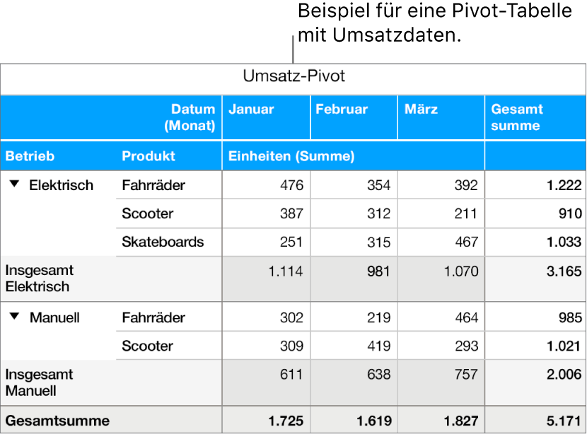 Eine Pivot-Tabelle mit zusammengefassten Daten für Fahrräder, Scooter und Skateboards mit Steuerelementen zum Einblenden bestimmter Daten.