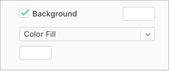 The Background checkbox is selected in the sidebar, and the preset color well to the right of the checkbox is filled with white. Below the checkbox, Color Fill is chosen in a pop-up menu, and below that, the custom color well is filled with white.