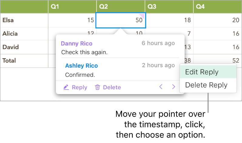 A comment with a reply, and the pointer over the timestamp for the reply; a pop-up menu shows two options: Edit Reply and Delete Reply.