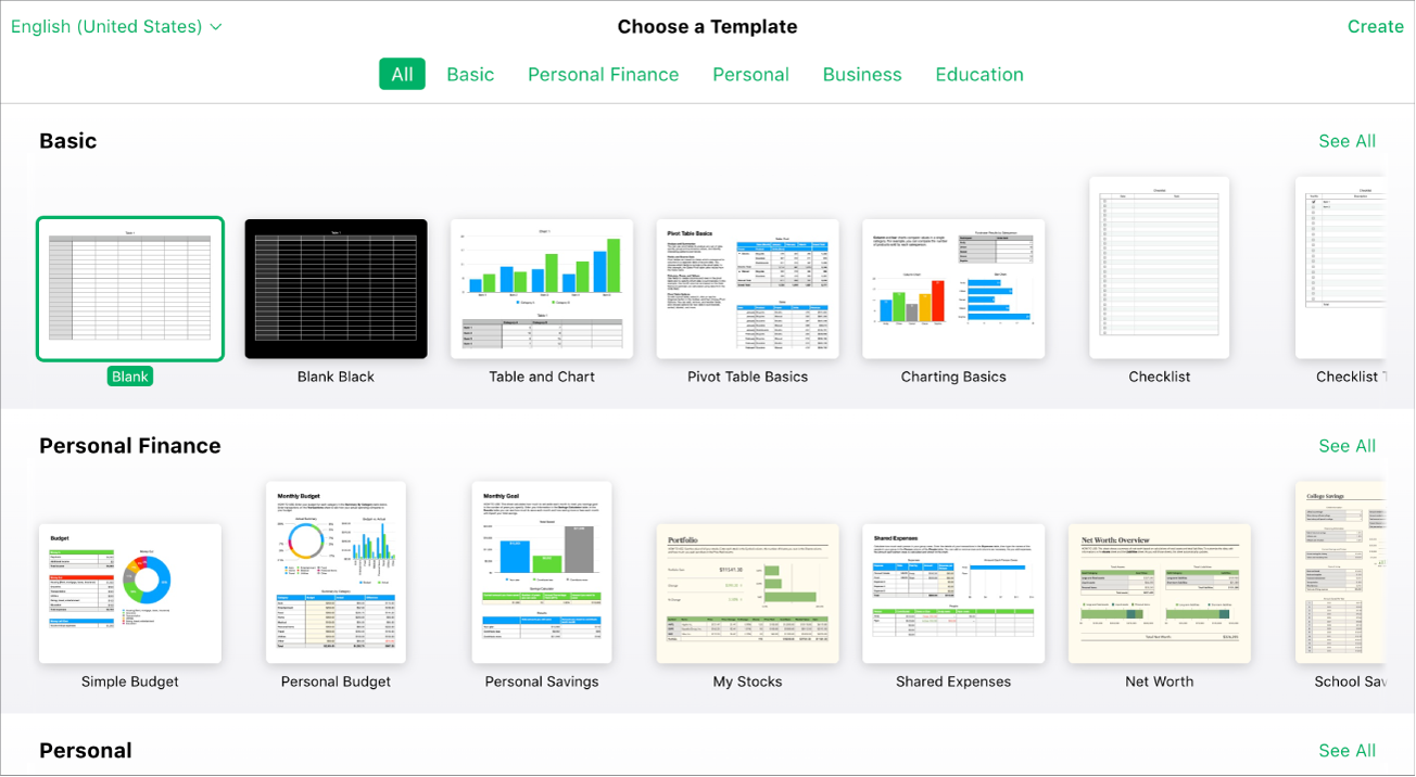 The template chooser showing several template thumbnails. The Blank template is selected.