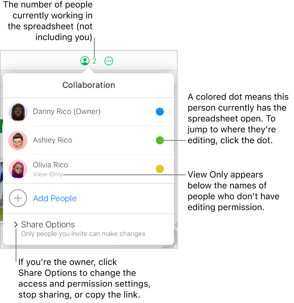 The Collaboration menu open, with a list of three participants (one with View Only access privileges), an option to Add People, and a Share Options section where owners can change access and permission settings.