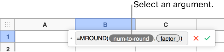 The Formula Editor with the SUM function entered and a callout to the value argument token.