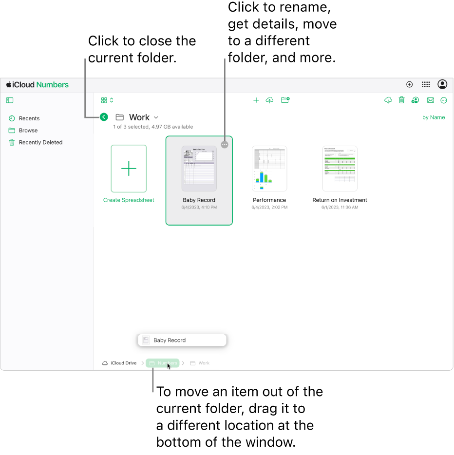 The document manager in Browse view, with a spreadsheet being dragged from the current folder to a new location (the Numbers folder) at the bottom of the window. Below the toolbar, a Back button appears to the left of the current folder name (Work).