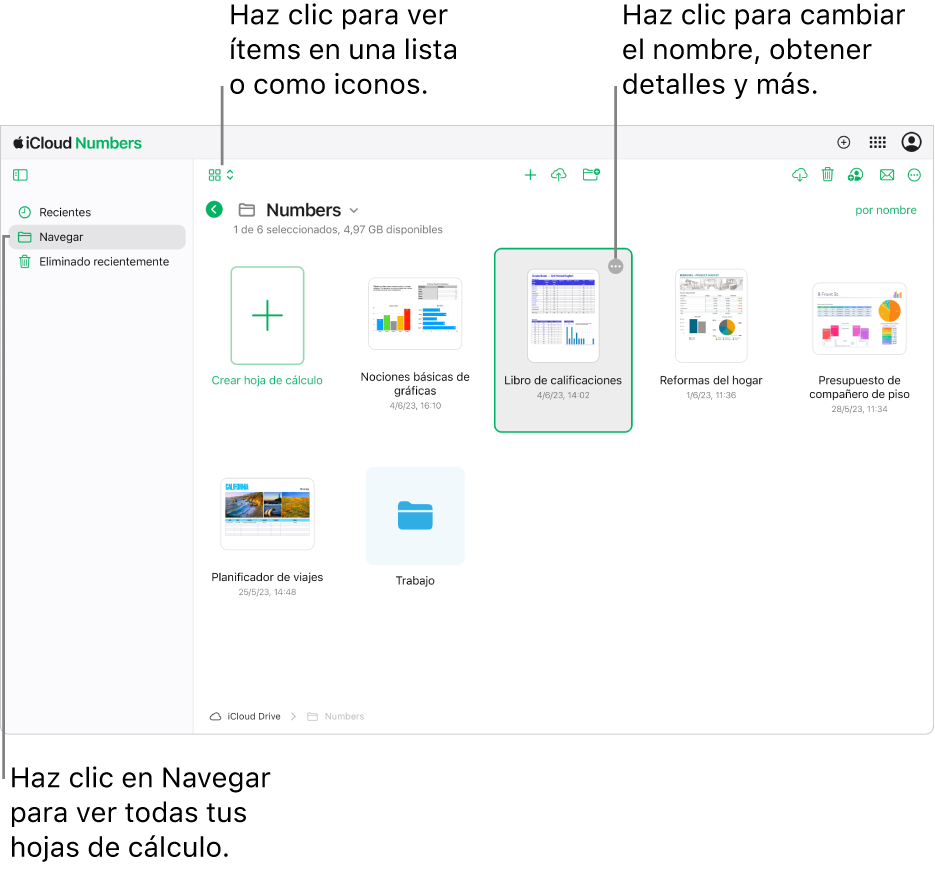 El gestor de documentos en vista de navegación, mostrando documentos de Numbers como iconos en una cuadrícula. El botón Más (tres puntos) está visible en la esquina superior derecha de la hoja de cálculo seleccionada. Por encima de las hojas de cálculo, el lado izquierdo de la barra de tareas tiene un menú desplegable donde puedes seleccionar si visualizar los ítems como iconos o en una lista. En el lado derecho de la barra hay botones para descargar ítems, colaborar en ellos, enviarlos por correo electrónico o eliminarlos.