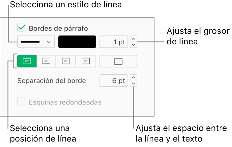 La casilla de verificación “Bordes de párrafo” está seleccionada en la pestaña Formato y, debajo de la casilla de verificación, aparecen controles para cambiar el estilo, el color, el grosor, la posición y la separación del texto.