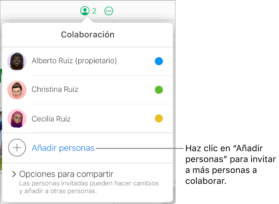 El menú Colaboración abierto con la opción “Añadir personas” debajo de la lista de participantes.