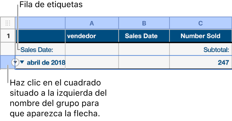 La fila resumen se selecciona en una tabla clasificada por categorías y aparece una flecha hacia abajo en el borde; la fila de etiquetas situada encima de la fila resumen muestra el nombre de la categoría encima del nombre del grupo, y el nombre de una función, Subtotal, en la tercera columna.