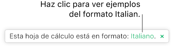 Mensaje que dice “Esta hoja de cálculo utiliza el formato italiano”.