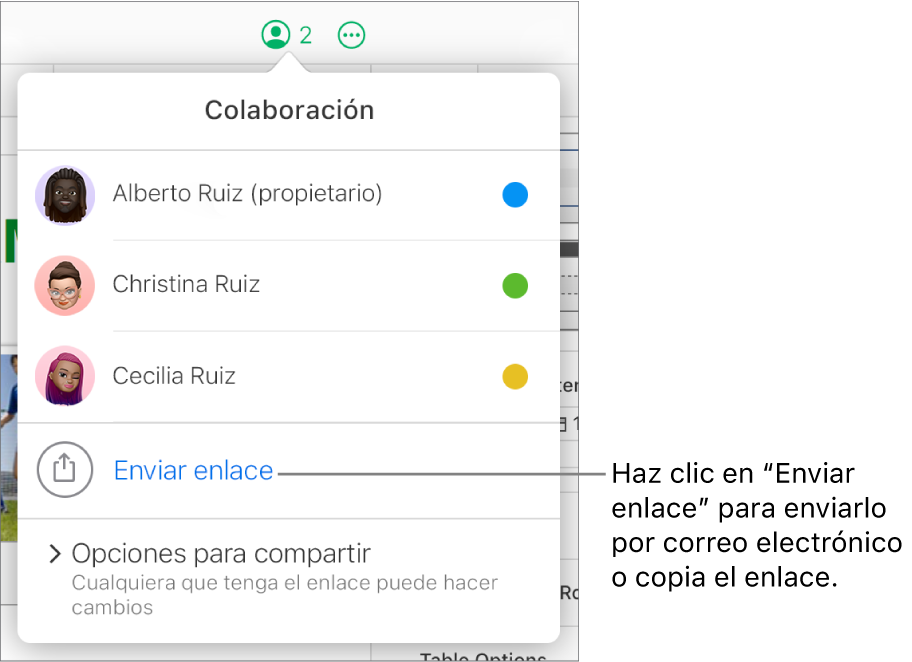El menú Colaboración abierto con la opción “Enviar enlace” debajo de la lista de participantes.