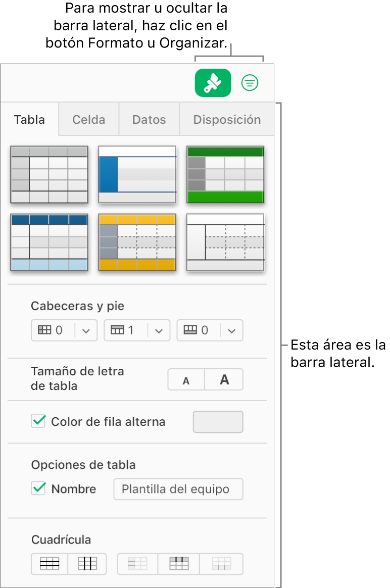 Se selecciona el botón Formato de la barra de herramientas, y se muestran los controles de estilo de tabla, color y otros controles de formato en la barra lateral derecha de la hoja de cálculo. El botón Organizar se muestra a la derecha del botón Formato en la barra de herramientas.