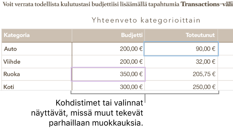 Eriväriset osoittimet ja taulukon soluvalinnat, jotka näyttävät, missä toiset muokkaavat jaettua laskentataulukkoa.