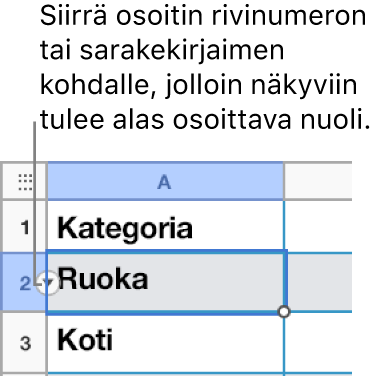 Taulukossa on valittuna rivinumero, jonka oikealla puolella näkyy alanuoli.