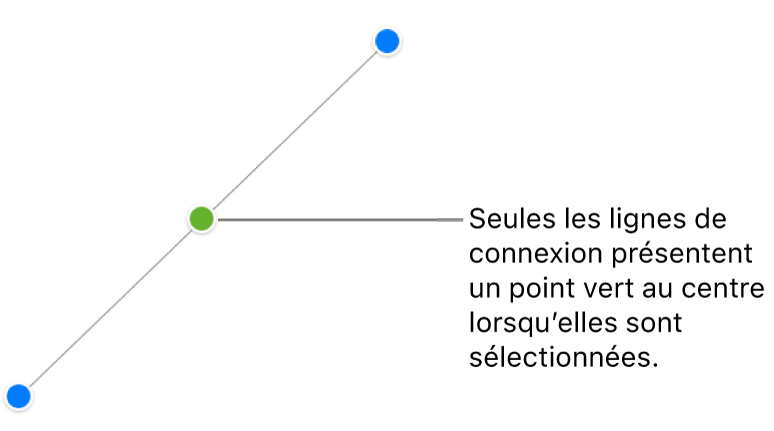 Une ligne de connexion droite est sélectionnée. Une poignée de sélection apparaît à chaque extrémité et un point vert apparaît au milieu.