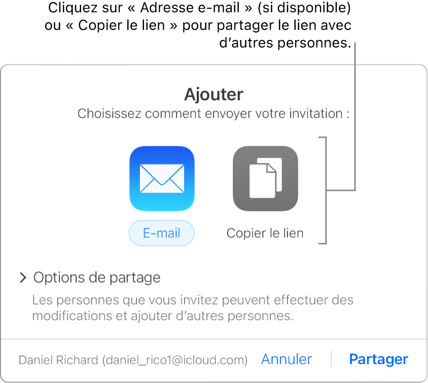 Fenêtre qui apparaît lorsque vous cliquez sur le bouton Collaboration dans la barre d’outils (avant le partage d’une feuille de calcul). Les boutons Envoyer le lien par e-mail et Copier le lien vous permettent de choisir comment partager la feuille de calcul.