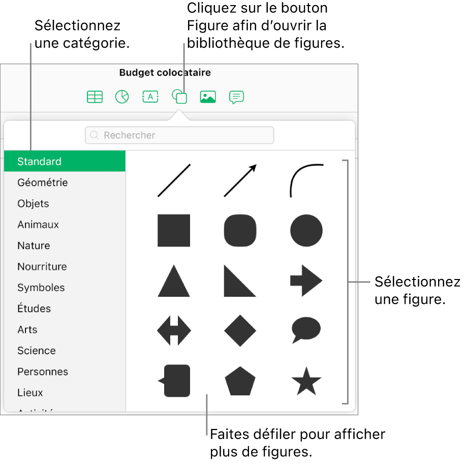 La bibliothèque de figures s’affiche sous le bouton Figure dans la barre d’outils. La catégorie Standard est sélectionnée à gauche et des figures courantes, telles que des cercles, des carrés et des lignes, s’affichent à droite.