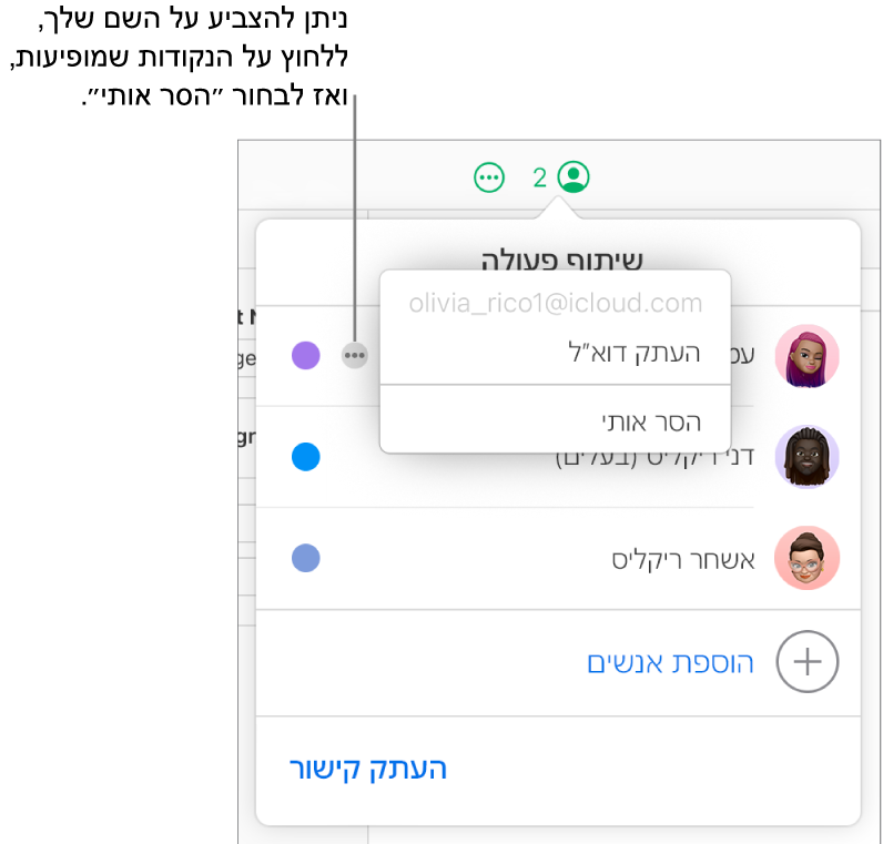התפריט ״שיתוף פעולה״ פתוח, עם הכפתור ״עוד״ לצד המשתתף הראשון שמסומן והאפשרות ״הסר אותי״ זמינה לבחירה.