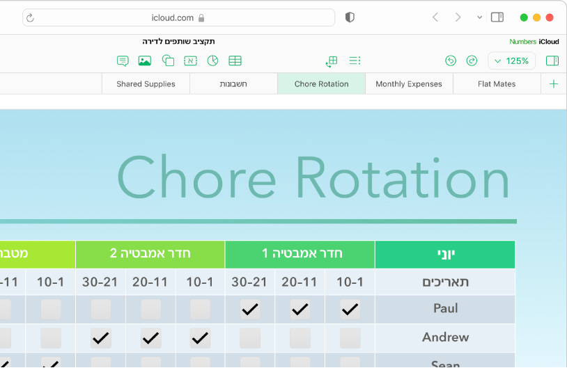 בחלק הימני העליון של גיליון עבודה מוצגות חמש לשוניות של גיליונות. הגיליון Chore Rotation נבחר וטבלה עם מידע על מטלות מופיעה בגיליון.