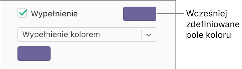 Pole wyboru Wypełnienie jest zaznaczone na pasku bocznym, a wstępnie ustawione pole koloru z prawej strony pola wyboru jest wypełnione kolorem purpurowym. W menu podręcznym pod polem wyboru wybrana jest opcja Wypełnienie kolorem.