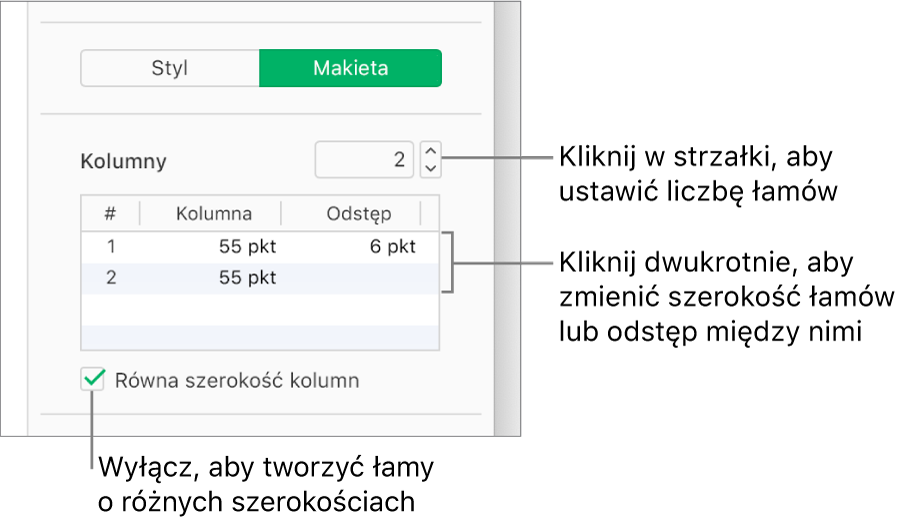 Narzędzia kolumny tekstowej w panelu Makieta paska bocznego Format.