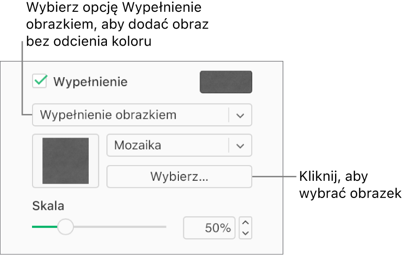 Na pasku bocznym zaznaczone jest pole wyboru Wypełnienie, a z menu podręcznego poniżej pola tekstowego wybrana jest opcja Wypełnienie obrazkiem. Pod menu podręcznym są wyświetlane opcje umożliwiające wybranie obrazka, sposobu wypełniania obiektu oraz skali obrazka. Podgląd obrazka pojawia się w kwadracie (po wybraniu obrazka).