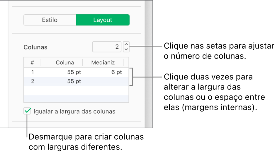 Os controles de coluna de texto no painel Layout da barra lateral Formatar.