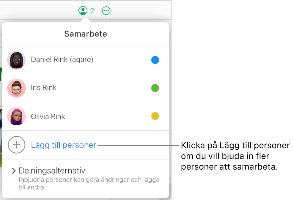 Menyn Samarbete är öppen med alternativet Lägg till personer nedanför deltagarlistan.