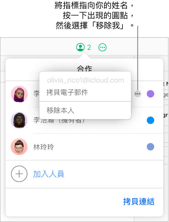打開「合作」選單，按一下第一位參與者右側的「更多」按鈕，顯示「移除我」選項可用。