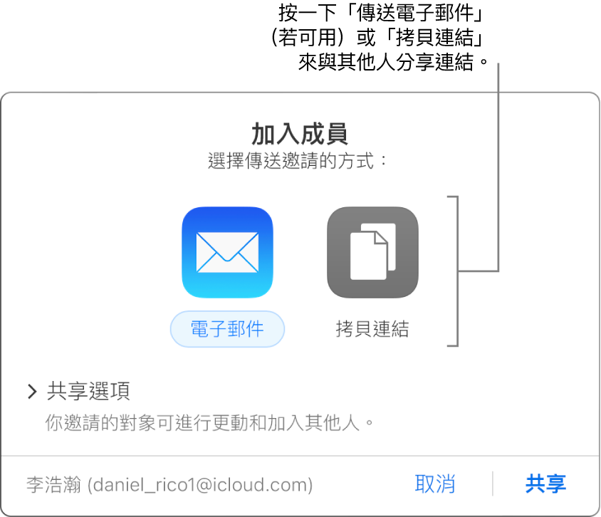 按一下工具列中的「合作」按鈕時出現的視窗（在共享試算表之前）。「電子郵件」和「拷貝連結」按鈕可讓你選擇共享試算表的方式。