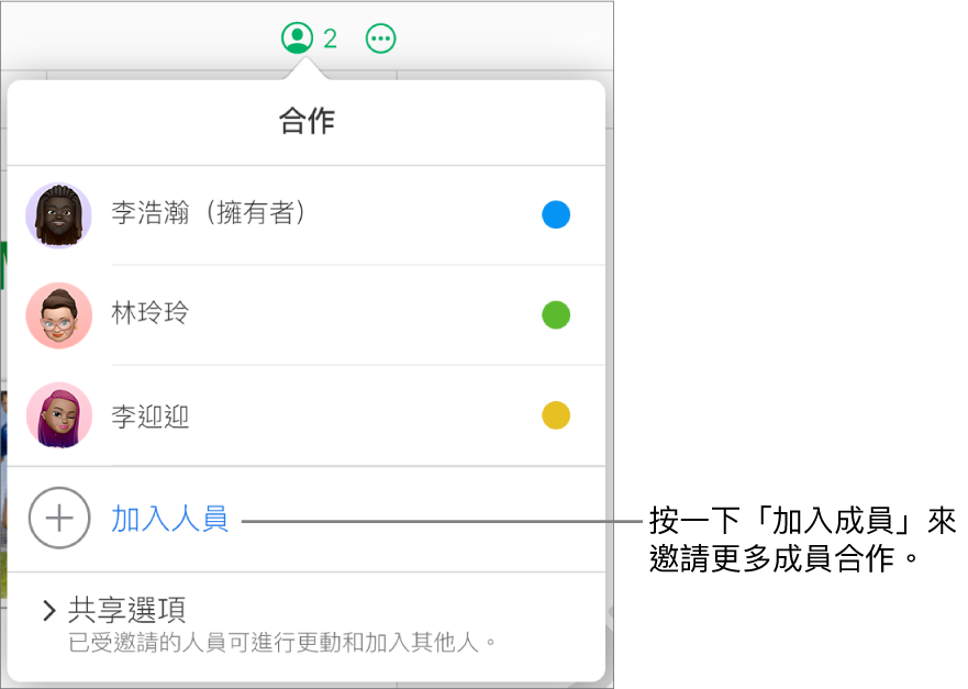 「合作」選單打開，在參與者列表下方顯示「加入成員」選項。