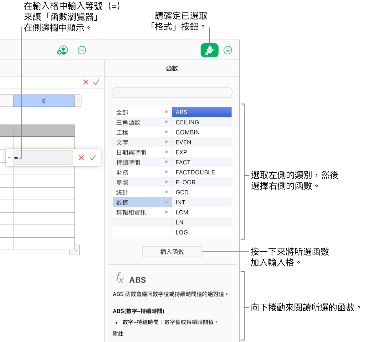 等號出現在表格輸入格中，工具列中已選取「格式」按鈕，且「函數瀏覽器」出現在右方「格式」側邊欄中。已選取絕對值函數。函數說明會出現在函數列表下方。