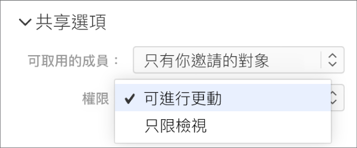 在「共享選項」下方的「權限」彈出式選單已打開，顯示允許人員對試算表進行更動或只能檢視的選項。