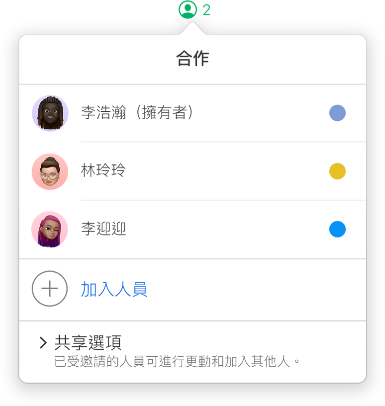 「合作」選單顯示了共同合作處理試算表的人員名稱。共享選項位於名稱下方。