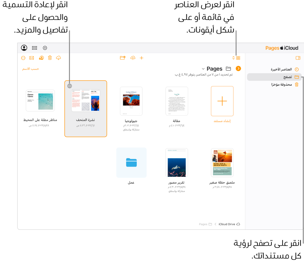 يعرض مدير المستندات في طريقة عرض التصفح مستندات Pages كأيقونات في شبكة. يظهر زر المزيد (ثلاث نقاط) في الزاوية العلوية اليسرى من المستند المحدد. تظهر قائمة منبثقة أعلى المستندات على الجانب الأيمن من شريط الأدوات يمكنك أن تختار منها عرض العناصر كأيقونات أو في قائمة. تظهر أزرار في الجانب الأيسر لشريط الأدوات للتنزيل أو التعاون أو إرسال بريد إلكتروني أو الحذف.