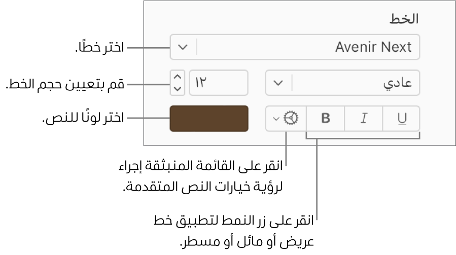 عناصر التحكم في نمط النص والخط في الشريط الجانبي "التنسيق".