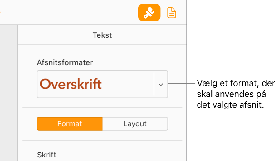 Lokalmenuen Afsnitsformater i indholdsoversigten Format. Afsnitsformatet Overskrift med en rød fed skrift er valgt.