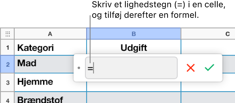 Formelværktøjet med = og uden nogen formel indtastet.