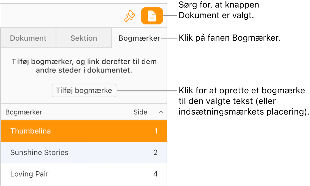 Fanen Bogmærker er valgt i indholdsoversigten for dokumenter. Knappen Tilføj bogmærke vises oven over listen over bogmærker, der allerede er føjet til dokumentet.