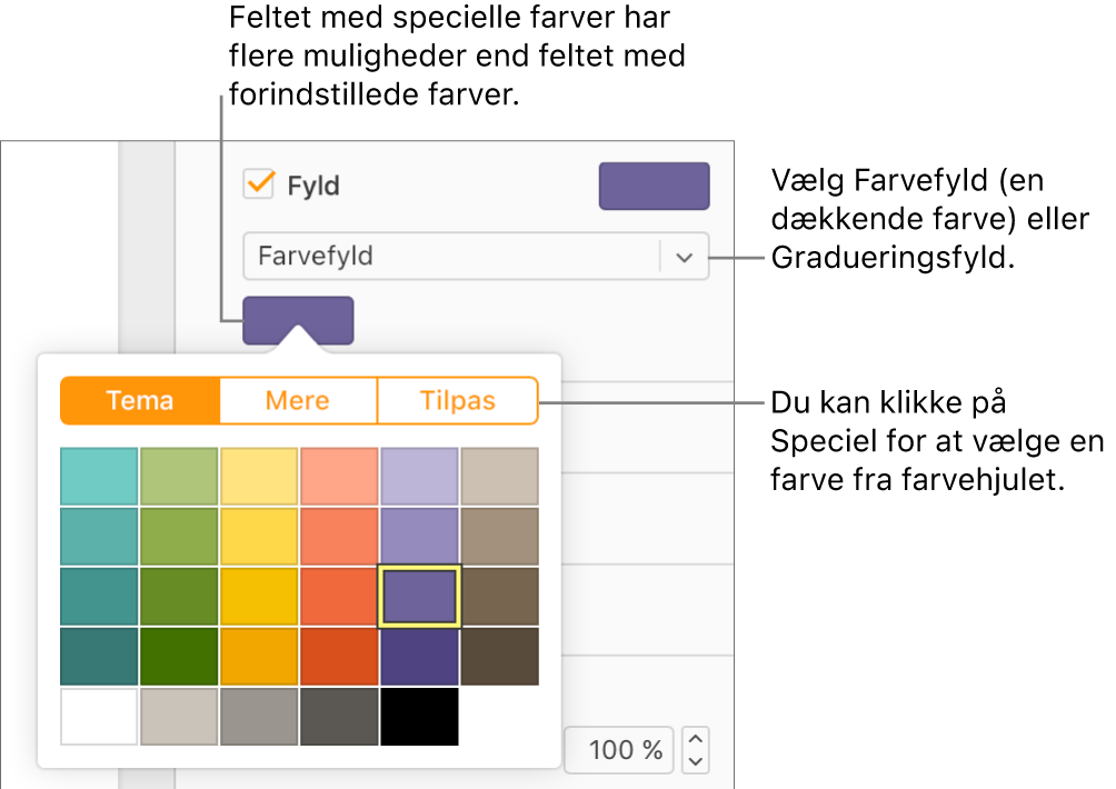 Farvefyld er valgt på lokalmenuen under afkrydsningsfeltet Fyld, og farvefeltet under lokalmenuen viser yderligere muligheder for farvefyld.